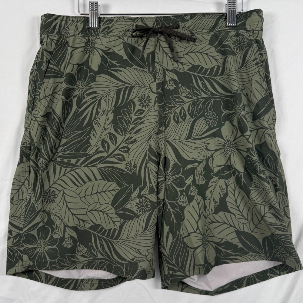 Kirkland Mens M Swim Trunks Shorts Green Tropical Floral Stretch‎ Quick Dry NWT